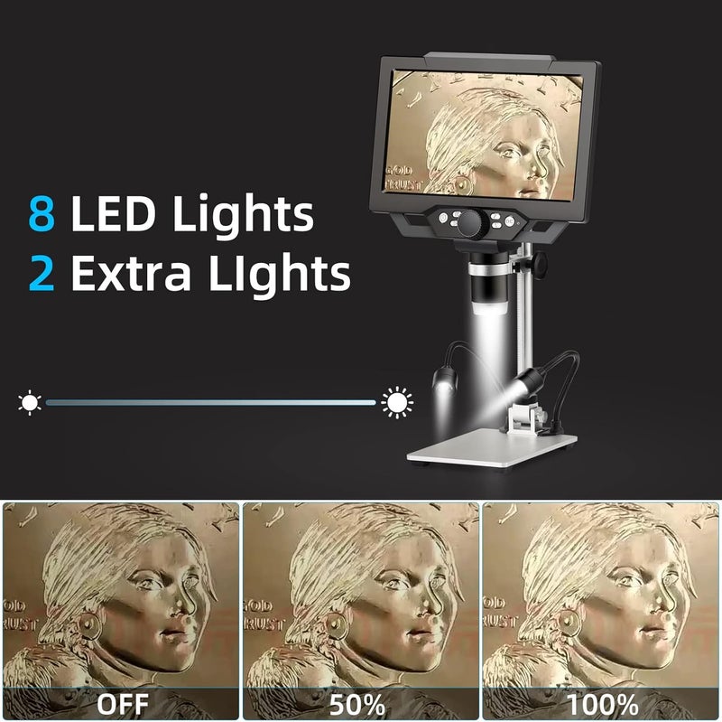 Koolertron 9-inch LCD Digital Microscope - 12MP 1600x 1080P HD, 32G TF Card & 5000mAh Battery, 10-inch Stand & Side Light for Plant/Rock/Circuit Board/Coin Detection and Analysis - Image 5